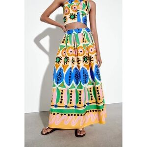 Zara High Waisted Printed Voluminous Maxi Skirt